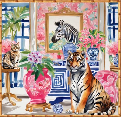 Grandmillennial Art, Tiger and Tabby Cat in Chinoiserie Interior Art Print - Etsy UK Chinoiserie Chic Living Room, Grandmillennial Art, Chinoiserie Art Prints, Watercolor Chinoiserie, Grandmillennial Decor, Preppy Chic Style, Chinoiserie Interior, Chinoiserie Prints, Chinoiserie Room