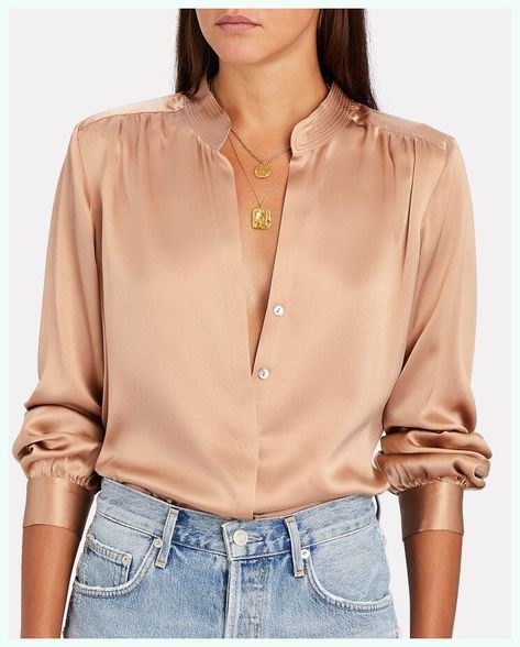 Women Blouses Fashion Casual, Silk Blouse Outfit, Silk Shirt Outfit, Satin Blouse Outfit, Silk Long Sleeve Blouse, Fancy Shirt, Romantic Blouses, Women Blouses Fashion, Ladies Blouse Designs