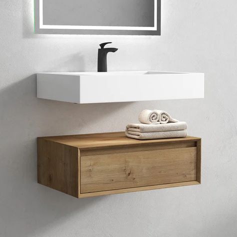 29.5'' Wall Mounted Single Bathroom Vanity with Plastic Top Oak Floating Vanity, Floating Sink, Wall Mount Sink, Mdf Cabinets, Small Bathroom Vanities, Wall Mounted Sink, Floating Bathroom Vanity, Double Sink Vanity, Floating Vanity