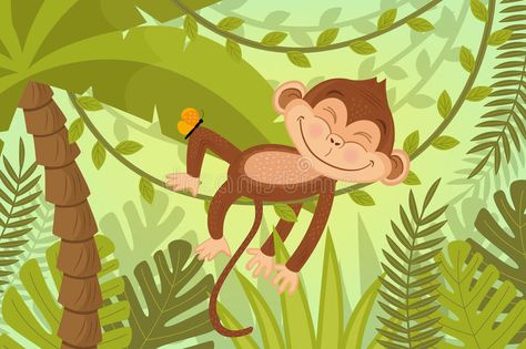 Photo about Monkey sleeps on vine - vector illustration, eps. Illustration of animal, relaxation, leaf - 93219619 Monkey Jungle Illustration, Monkey Sleeping, Monkey Plant, Sleeping Cartoon, Impatiens Plant, Monkey Illustration, Wallpaper Texture, Cartoon Monkey, Beluga Whale