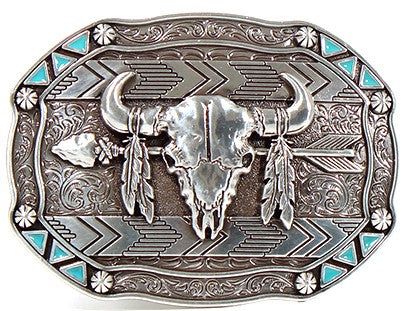 Skull, Feather & Arrow Belt Buckle This rectangle Nocona men's western buckle is definitely a head turner. Engraved floral pattern with a bull skull with an arrow and feathers that are hanging from the horns. Outer edges have small turquoise triangles in each corner and a floral pattern in between. Details: Nocona Mens Buckle Measures: 2-1/2 x 3-1/2 Rectangle Engraved Floral Pattern Bull Skull Design Western Picture Frames, Feather Arrow, Smith And Western, Western Sculpture, Western Rings, Western Bracelets, Western Prints, Cowgirl Belts, Buffalo Skull