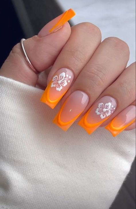 There's a new beauty trend taking over Instagram and it's absolutely stunning. Say hello to "quartz nails". Holiday Nail Ideas Summer 2024, Orange Hibiscus Nails, Nails Summer 2024 Trends, Short Orange Nail Designs, Acrylic Holiday Nails, Beach Nails Square, Summer Nails Ideas 2024, Orange Nails For Summer, Florida Nails Designs