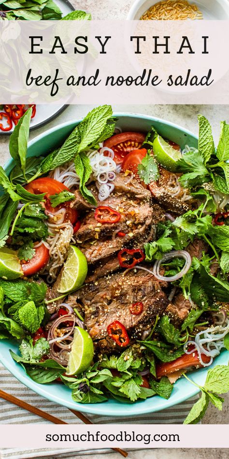 This Thai beef and noodle salad is loaded with tender skirt steak, rice noodles, fresh veggies, and tons of fresh herbs! Thai Beef Noodle Salad, Beef Noodle Salad, Thai Beef Salad Recipe, Steak Rice, Thai Noodle Salad, Marinated Skirt Steak, Glass Noodle Salad, Rice Noodle Salad, Thai Beef Salad