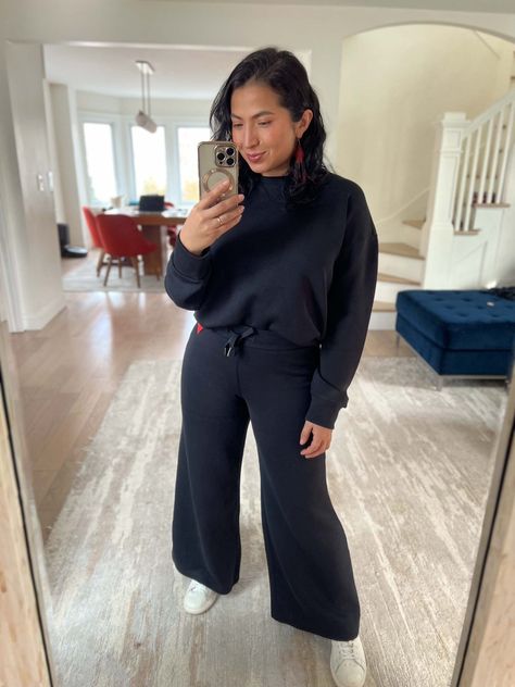 2 MATCHING SWEAT SETS I'M ENTIRELY IN LOVE WITH (& WHY) | I'm keeping BOTH this SPANX Sweatsuit + this Sweaty Betty Matching Sweat Set. I'll explain why + share details of the fit, fabric & where to find them. | #TheMomEditStyle #Sweatsuit #SweatSet #Sweatshirt #Sweatpants #Spanx #SweatyBetty #MatchingSweatSet #WideLegSweatpants #PetiteSweatsuit #CroppedHoodie #TrackPants #BlackSweatpants #ComfySweatpants #CuteSweatshirt Comfortable Relaxed Fit Sweatpants With Pull-on Style, Sweatpants Matching Set Outfit, Aritzia Sweatsuit Outfit, Black Sweatsuit Outfits Women, Black Relaxed Fit Sweatpants With Pull-on Style, Chic Sweatpants With Relaxed Fit And Pull-on Style, Matching Sweatsuit Outfits, Relaxed Fit Pull-on Style Sweatpants, Matching Sweatsuit Outfit