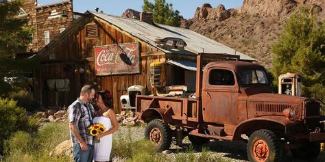 Eldorado Canyon Ghost Town Weddings | Get Prices for Wedding Venues in NV Ghost Town Wedding, Nelson Ghost Town Wedding, Nelson Ghost Town, Town Photography, Wedding Transportation, Vegas Weddings, Boulder City, Landmark Buildings, Abandoned Cars