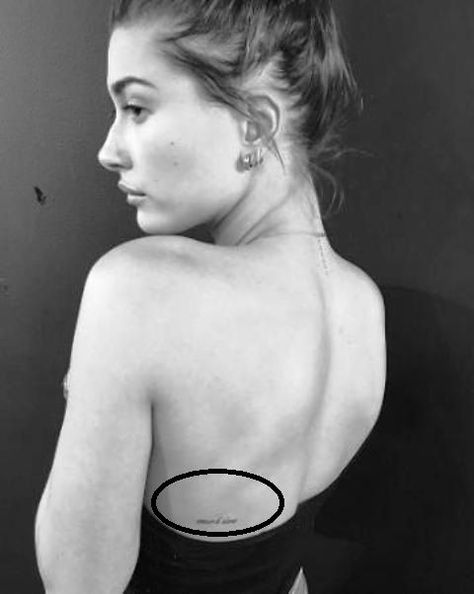 Hailey Baldwin Tattoo, Side Back Tattoos, Celebrity Tattoos Women, Tiny Tattoo Placement, 27 Tattoo, Small Back Tattoos, Stephen Baldwin, Tiny Heart Tattoos, Shoulder Blade Tattoo