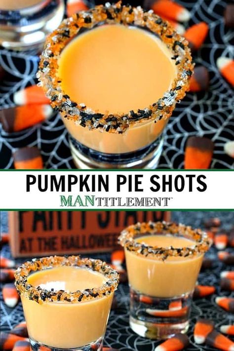 Margaritas, Halloween Party Shots, Pumpkin Pie Shots, Pumpkin Pie Drink, Halloween Alcohol, Fun Halloween Desserts, Halloween Shots, Halloween Party Drinks, Dessert Shots