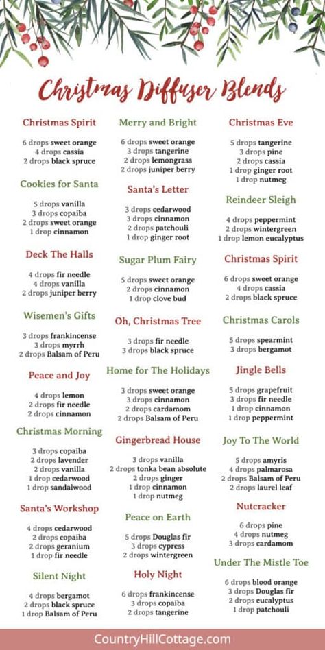 These DIY Christmas diffuser blends will get you in the holiday spirit! This post features 25 holiday essential oil recipes, including a Christmas spirit diffuser blend and many more festive holiday aromas. The instructions also come with printable Christmas essential oils and tips for setting up a Christmas diffuser. These Santa-approved holiday essential oil blends can also be used to scent homemade Christmas soap, DIY candles, and other air fresheners. | CountryHillCottage.com Essential Oil Christmas Blend Diffuser Recipes, Christmas Candle Essential Oil Blends, Xmas Essential Oil Blends, Essential Oil Recipes For Wax Melts, Christmas Diffuser Blend, Candle Making Scent Recipes Christmas, Christmas Candle Recipes, Christmas Candle Scent Recipes, Christmas Candle Scents Recipes