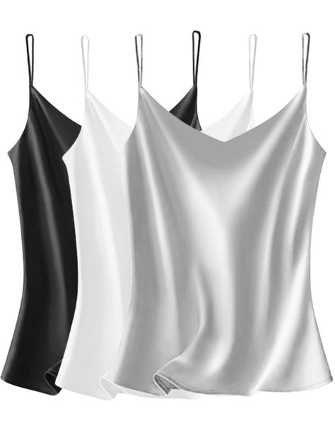 PRICES MAY VARY. We updated our classic satin v-neck camisoles, which will be more suitable for more women. Material: This cami top for women is made of high quality satin fabric which is super soft and silk. Absorbent quality, quick-drying, luxurious look and feel. Design: Alluring V-Neck cami top with adjustable spaghetti straps leak the back of half to enhance feminie, and this satin top for women give the look of really silk, soft, simple but fashional design perfectly shows full of your cha Silk Tops For Women, Sleeveless Blouses, Satin Cami Top, Satin Tank Top, Loose Tank Tops, Womens Camisoles, Strap Tank Top, Satin Cami, Spaghetti Strap Tank Top