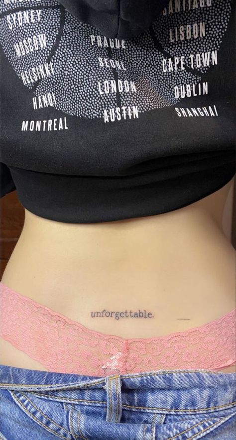 Unforgettable Back Tattoo, Tatouage Unforgettable, Unforgettable Tattoo On Lower Back, Small Hidden Tattoos For Women, Small Tattoos Butterfly, Sexuality Tattoo, Female Hand Tattoo, Tattoo Ideas Female Hand, Tattoo Pequeños Mujer