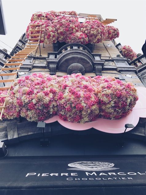 Fairytale Facade for High End Chocolate Maker Shop Pierre Marcolini in Brussels, A Summer Flower Display engulfing the footpath & facade of the building. The design signed Thierry Boutemy - Design in 2017 High End Chocolate, Thierry Boutemy, Flower Building, Pierre Marcolini, Restaurant Ideas, Chocolate Maker, Maker Shop, Flower Display, Step Inside