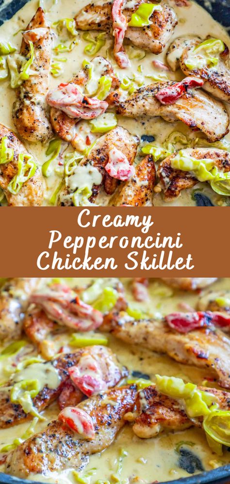 Creamy Pepperoncini Chicken Skillet | Cheff Recipes Chicken And Pepperchini, Chicken With Banana Peppers, Weeknight Skillet Dinners, Creamy Pepperoncini Chicken Skillet, Chicken With Pepperoncini, Chicken And Pepperoncini Recipes, Chicken Red Bell Pepper Recipes, Make Your Own Dinner Ideas, Hot Pepper Chicken