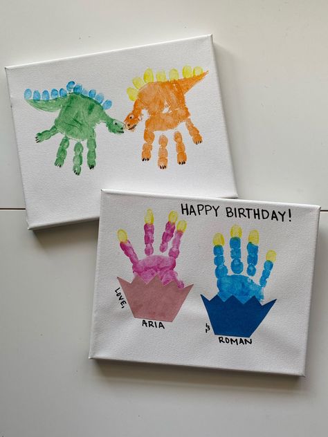 Finger Paint Birthday Card, Fingerpaint Toddler Ideas, Dinosaur Finger Painting, Toddler Finger Painting Ideas, Kids Craft For Dads Birthday, Painting Ideas For Grandmas Birthday, Birthday Handprint Crafts, Finger Print Birthday Card, Birthday Craft For Grandma From Toddler