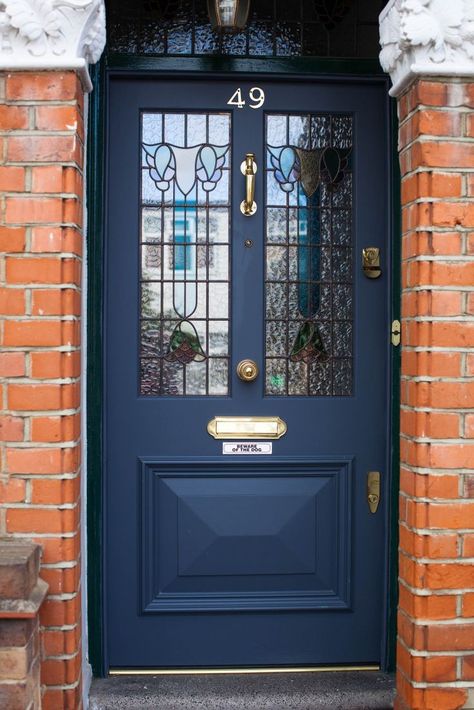 Bespoke accoya front door and fan light with beautiful stain glass, manufactured, fully factory finished and installed for a property in Islington, London. Victorian Front Door, Victorian Front Doors, Cottage Front Doors, Front Door Inspiration, Traditional Front Doors, Front Door Styles, Blue Front Door, Beautiful Front Doors, Front Door Makeover