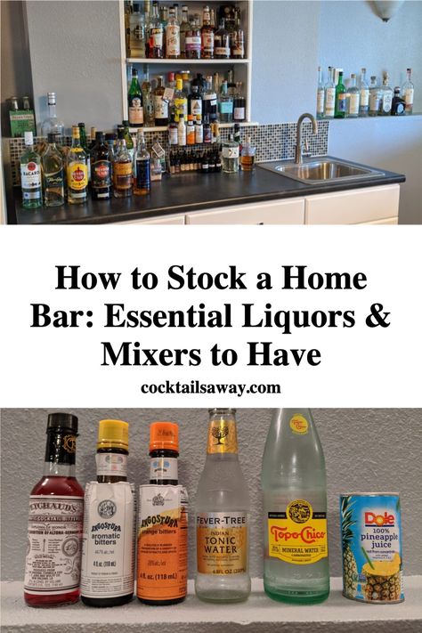 Liquors For Bar, Home Mixology Bar, Essential Bar Items, Bar Cart Basics, Home Bar Checklist, Cocktail Essentials Home Bars, Basic Liquor List, Staples For A Home Bar, Easy Drink To Order At Bar