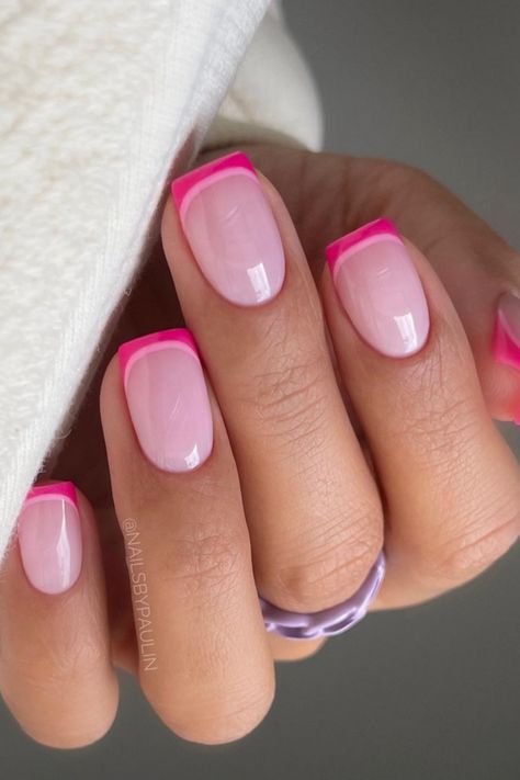 Pink And White Nails Gel French Tips, Color Nails With French Tip, French Tip Nails With Design Pink, Colorful French Tips Square, Magenta Tip Nails, Pink Tip Nails With Flowers, Two Tone Pink French Nails, Bright Pink Tip Nails, Short French Pink Nails