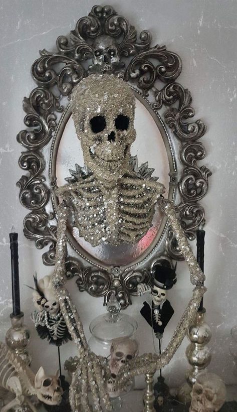 a mirror in a whimsical vintage frame, with a glitter and sequin skeleton coming out of it is a super glam and chic decor idea for Halloween Tattoo Skulls, Halloween Mirror, Soya Mumu, Homemade Halloween Decorations, Creepy Halloween Decorations, Katherine's Collection, Adornos Halloween, Chic Halloween, Halloween Crafts Decorations