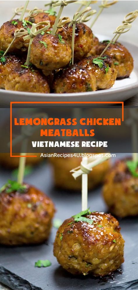 These Vietnamese Lemongrass Chicken meatballs are full of Asian flavors, crammed with protein, crazy tender, super easy to make and perfect little balls of deliciousness…. #Vietnamese #Recipes #Chicken Vietnamese Lemongrass Chicken, Vietnamese Recipes Chicken, Vietnamese Snacks, Lemon Grass Chicken, Asian Chicken Meatballs, Lemongrass Recipes, Lemongrass Chicken, Meatball Dinner, Chicken Meatball Recipes