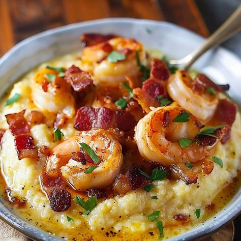 Bacon Grits Casserole, Jalapeño Cheddar Grits, Cheesy Shrimp And Grits Recipe Southern, Shrimp And Grits With Bacon, Shrimp And Grits With Sausage, Shrimp Bacon Recipes, Simple Shrimp And Grits Recipe, Grits Dinner Recipe, Shrimp And Bacon Recipes