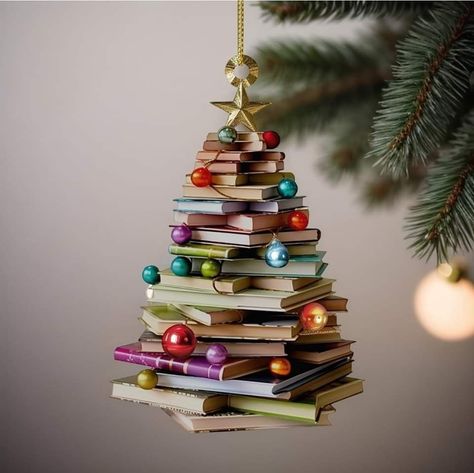 Home Library Decor, Book Ornament, Book Christmas Tree, Book Pendant, Buch Design, Book Tree, Book Christmas, Library Decor, Family Ornament