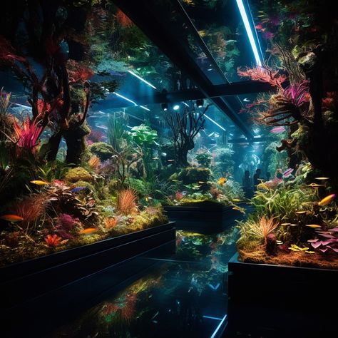 Futuristic Aquarium, Cyberpunk House Interior, Aquarium Interior Design, Fantasy Aquarium, Cyberpunk House, Architecture Design Process, Ocean Room, Fantasy Bedroom, Inside Garden