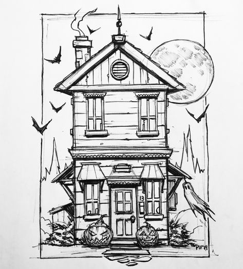 13/31 by Mike PhillipsInktober haunted house Creepy Houses Drawing, Haunted House Illustration Drawings, Drawing A Haunted House, Haunted House Reference, Drawings Of Haunted Houses, Haunted Houses Drawing, Old House Drawing Easy, Haunted House Sketch Easy, Haunted House Drawing Ideas