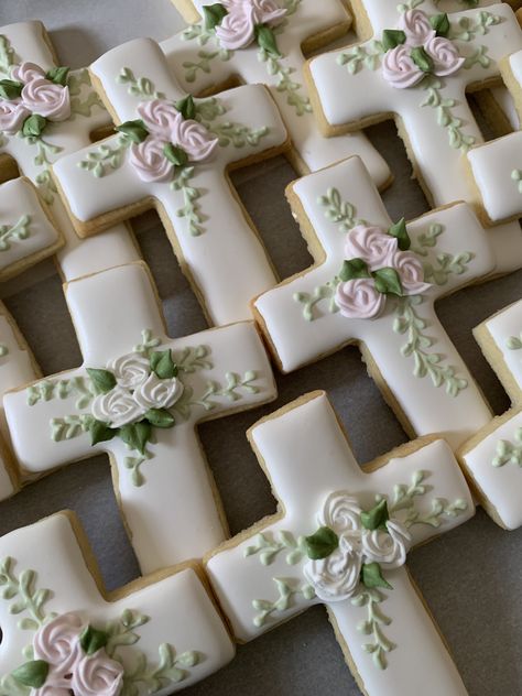 Cross cookies decorated with sweet sprays of roses. Wedding, Baptism, First Communion, Easter Celebrations Decorated Cross Cookies For Easter, Royal Icing Cross Cookies, Easter Cross Sugar Cookies, Easter Cross Sugar Cookies Decorated, Confirmation Decorated Cookies, Confirmation Sugar Cookies, Easter Cross Cookies Decorated, Cross Royal Icing Cookies, First Communion Cookies Girl