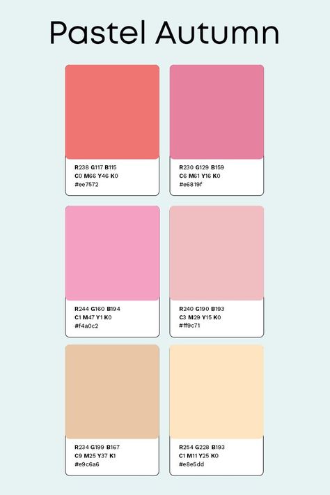 Pastel Autumn Palette, Pink For Autumn Palette, Autumn Pastel Color Palettes, Pastel Autumn Color Palette, Pink Fall Color Palette, Pastel Fall Color Palette, Fall Pastel Colors, Colour Palette Pastel, Autumn Colour Palette