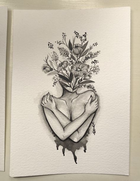 Female With Flowers Tattoo, Female Back Cover Up Tattoos, Black And Grey Woman Tattoo, Flowers From Head Tattoo, Blooming Woman Tattoo, Silouette Tattoo Women, Flower Face Tattoos For Women, Woman Made Of Flowers Tattoo, Woman Holding Flowers Tattoo