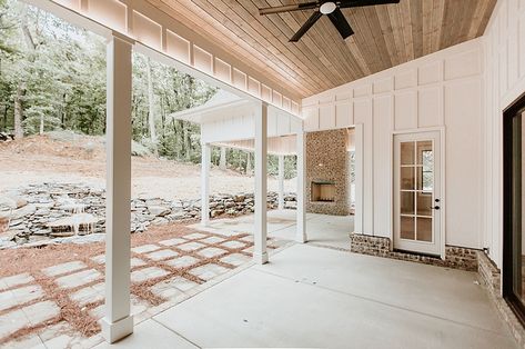 Modern farmhouse back porch with board and batten siding and Cedar tongue and groove ceiling Modern Farmhouse Back Porch, Sunroom Remodel, Cedar Tongue And Groove, Groove Ceiling, Tongue And Groove Ceiling, Porch Ceiling, Mdf Doors, Board And Batten Siding, Modern Farmhouse Exterior