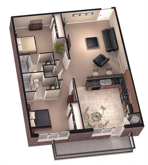 Two Bedroom Apartment Floor Plans, Two Bedroom Tiny House, One Bedroom House, 3d House Plans, Two Bedroom House, 2 Bedroom House Plans, Attic Stairs, 3d House, Apartment Floor Plans