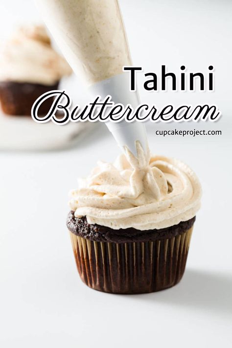 Looking for buttercream frosting recipes? Try this Tahini Buttercream. It s sweet and earthy with a little salt and a lovely toasted sesame flavor. Perfect to top your favorite cakes and cupcakes! Make this easy tahini recipe now! More fall frosting recipes at cupcakeproject.com. #frosting #cupcake Savory Frosting, Tahini Icing, Buttercream Consistency, Fall Frosting, Tahini Frosting, Carob Cake, Work Treats, How To Make Tahini, Sesame Recipes