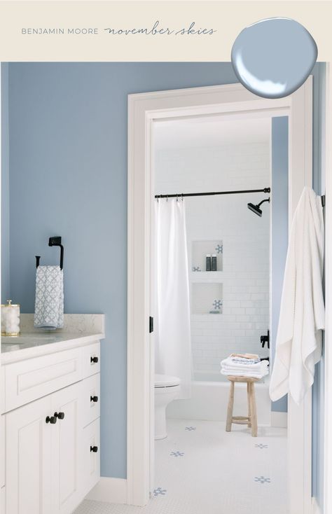 Blue Wall Bathroom Ideas Paint, Blue Paint For Bathroom Walls, Light Blue Walls Bathroom, Light Blue Bedroom Paint, Blue Bathroom Paint Colors, Blue Bathroom Colors, Blue Painted Bathroom, Sandstone Bathroom, Michigan Houses