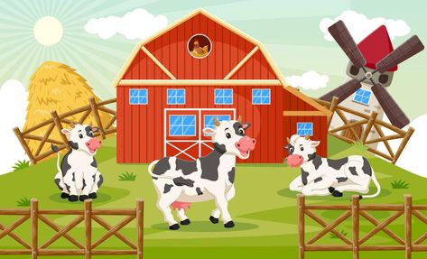 Cartoon of happy cows on the farm. Vector illustration Birthday Cake Clip Art, Animals And Their Homes, Farm Clipart, Farm Vector, Happy Cow, The Cartoon, Cityscape Photos, On The Farm, Nature Backgrounds