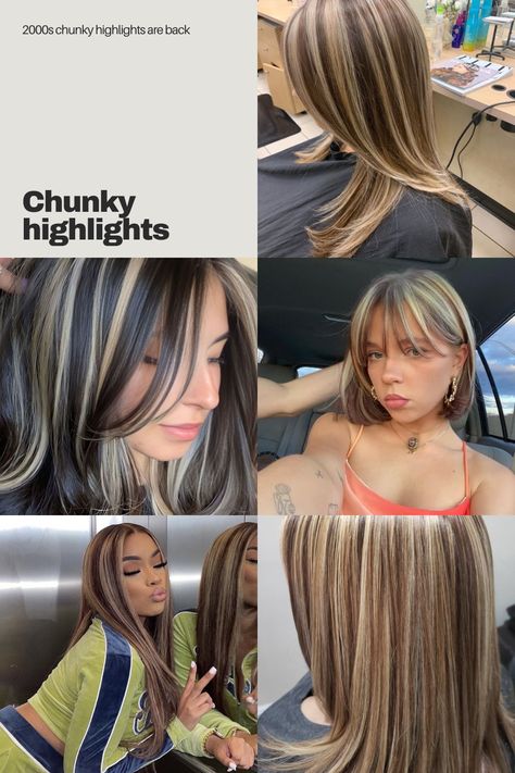 hair color idea, highlights, blonde, brunette 2000 Hair Color Highlights, Chunky Highlights 2000s, Y2k Hair Color Highlights, 2000 Hair Color, Chunky Hair Highlights, 2000s Hair Color, 2000s Highlights Hair, 90s Highlights Hair, 2000s Chunky Highlights