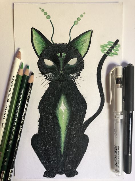 Cute Aliens Drawing, Cat Marker Art, Cute Alien Painting, Alien Drawing Aesthetic, Trippy Cat Painting, Trippy Cat Art, Alien Aesthetic Drawing, Alien Cat Art, Alien Art Painting