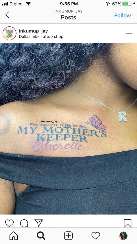 Mother Shoulder Tattoo Ideas, Mothers Memorial Tattoos, My Mothers Keeper Tattoo Mom, My Grandmas Keeper Tattoos, Colar Bone Tattoo Black Women, Matching Tattoos For Cousins Black, My Mother Keeper Tattoo, Matching Tattoos Mother Daughter Black Women, Tattoos Representing Mom