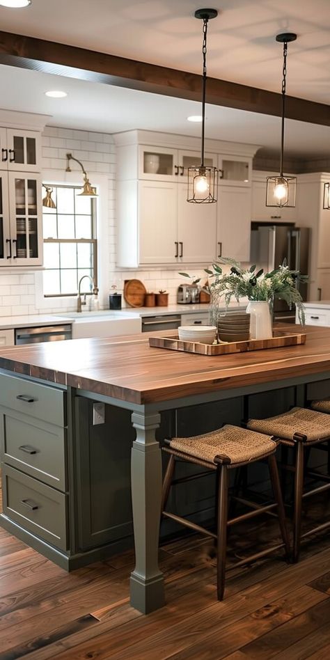 Kitchen Island Cookbook Storage, Kitchen Island With Spindles, Dining Room Kitchen Island, Island To Table Kitchen, Kitchen Island With Seating For 2, Kitchen Island With Wood Columns, Small Kitchen With Long Island, Farmhouse Kitchen With Green Island, Kitchen Island With Hidden Seating