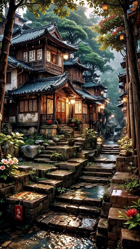 Edo Period Japan Architecture, Japanese Buildings Traditional, Japanese Mountain Village, Korea Architecture, Ancient Japanese Architecture, Chinese Village, Japanese Town, Japanese City, Japanese Village