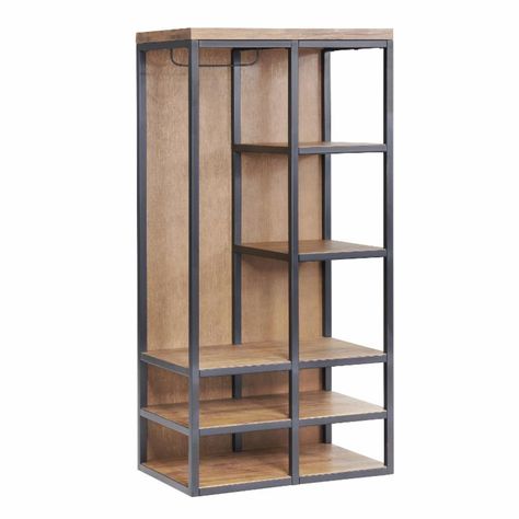 Overall dimensions: 28in W x 18in D x 58in H. Includes a metal hanging bar. Four bottom shelves are 12-1/2W x 16D x 6H in . Top 3 side shelves are 12-1/2W x 16D x 12-1/2H in . Hanging area 12-1/2W x 39-1/2H x 16D in. Streamlined design is great for smaller spaces. Works in entryway hallway mudroom or kitchen. Simple design works with most decor. Anti-tip kit included. Wipe clean with a soft dry cloth. Keep your entryway or hallway organized with this hall tree. The hall tree is both beautiful an Industrial Hall, Hallway Organization, Colorful Baskets, Hanging Bar, Entryway Organization, Industrial Modern, Hall Tree, Entryway Furniture, Rustic Industrial