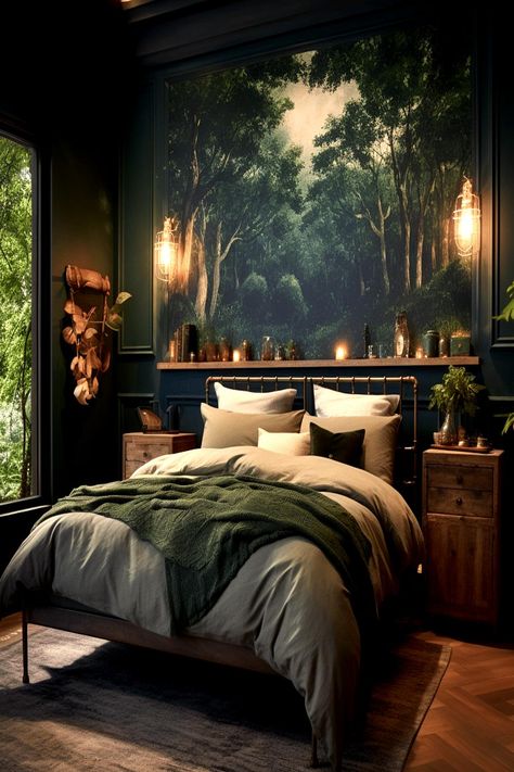 Bedroom with dark green walls, forest mural, candle-lit ambiance, and cozy bedding. Dark Cozy Bedroom, Forest Bedroom, Casa Hobbit, Bedroom Ideas Romantic, Moody Bedroom, Feminine Bedroom, Bedroom Curtain, Dark Bedroom, Dark Home Decor