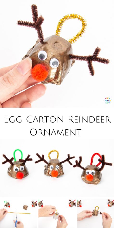 How to Make an Egg Carton Ornament - A fun and easy Christmas craft for kids that uses recyclable materials. Kids Christmas Craft, Easy Kids Christmas, Carton Craft, Recycled Christmas Decorations, Easy Christmas Craft, Kids Christmas Crafts Easy, Easy Christmas Ornaments, Reindeer Craft, Christmas Crafts For Toddlers