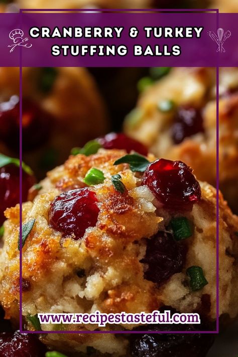 These delightful Cranberry & Turkey Stuffing Balls are a perfect way to utilize leftover turkey and add a festive twist with dried cranberries. They're simple to make, packed with flavor, and make a great appetizer or side dish for any occasion. Thanksgiving Recipe Ideas, Dried Cranberries Recipes, Cranberry Appetizer, Stuffing Balls Recipe, Turkey Appetizers, Thanksgiving Side Dishes Healthy, Cranberry Turkey, Stuffing Balls, Thanksgiving Leftover Recipes