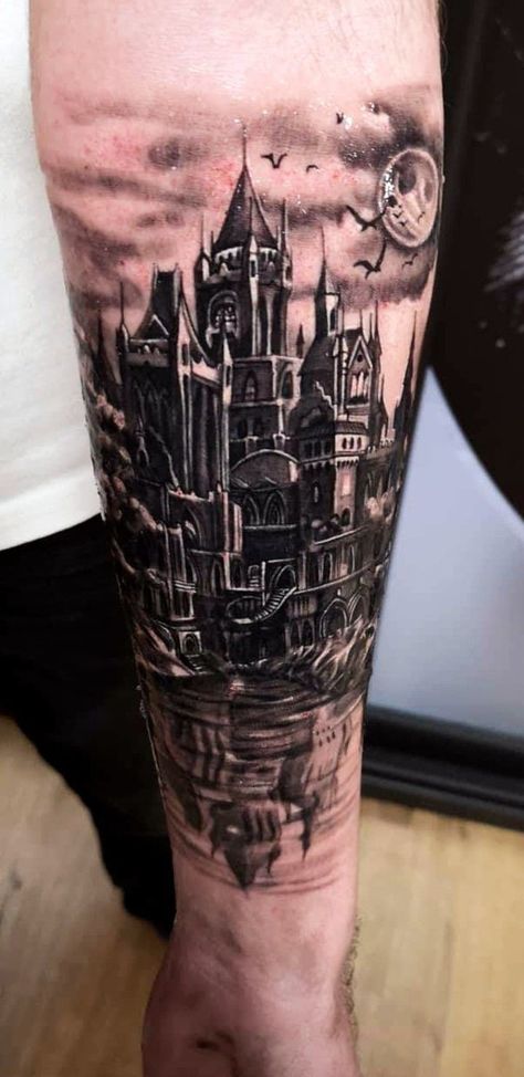 Castle tattoo Castle Tattoos Medieval, Castle Forearm Tattoo, Medieval Castle Tattoo Design, Castle And Dragon Tattoo, Hyrule Castle Tattoo, Castle Neck Tattoo, Draculas Castle Tattoo, Dracula Castle Tattoo, Dark Castle Tattoo