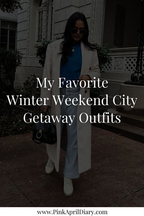 Discover how to dress for winter in the city with my latest chic winter fashion blog post featuring my favorite winter weekend city getaway outfits. From lightweight sweater outfits to black turtleneck outfits, these winter city outfits blend comfort, sophistication, and practicality. Click the link to read more today and discover my favorite winter outfits for the city! Holiday City Outfits, Winter Baecation Outfits, Weekend In The City Outfits, Resort Casual Attire Women Winter, Philadelphia Outfit Winter, Nyc December Outfits Street Style, Weekend Dress Outfit, Charleston Outfits Winter, Dc Outfits Washington Winter