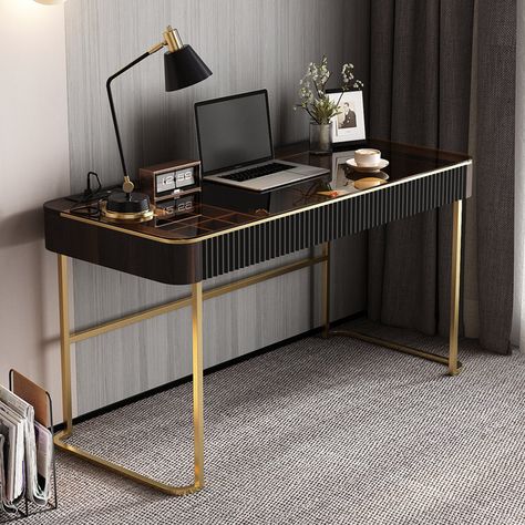 Agathi Glass Top Metal Base Office Desk Black Desk Bedroom, Corner Desk Office, Computer Desks For Home, Bedroom Desk, Law Office, Vanity Desk, Home Office Desk, Office Furniture Desk, Study Office