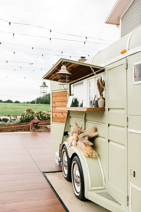 Horse trailer bar for wedding Stock Trailer Bar, Coffee Trailer Wrap Ideas, Horse Trailer Bar Ideas, Horse Trailer Interior Remodel Bar, Penelope Bourbon, Horse Trailer Bar Interior, Horse Trailer Drink Bar, Horse Trailer Coffee Cart, Horse Trailer Coffee Stand