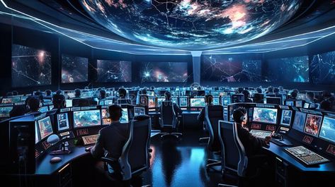 A mission control room full of computer monitors and people watching monitors. Generative AI image. stock photos High Tech Computer Room, Futuristic Control Room, Control Room Aesthetic, Mission Control Room, Spaceship Control Room, Monitoring Room, Sci Fi Computer, Sci Fi Room, Future Computer