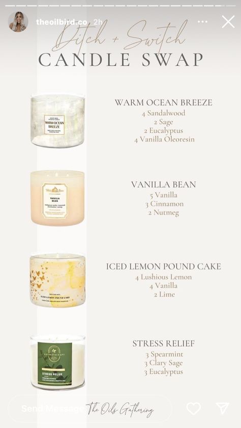 Candle To Oils Guide, Vanilla Essential Oil Candle Blends, Essential Oil Candle Swap, Doterra Candles Recipe, Fragrance Combinations Candles, Fragrance Oil Combinations For Candles, Candle Smell Recipes, Candle Scent Combinations Essential Oils, Essential Oils Candles Recipes