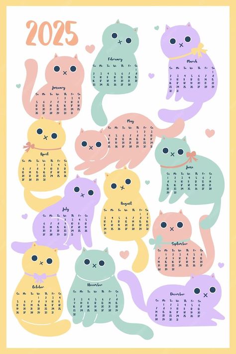 Premium Vector | One page 2025 calendar with cute cats Vector graphics Cats Vector, Cat Calendar, Vector Texture, Cat Vector, 2025 Calendar, Planner Bullet Journal, First Page, Beautiful Cats, Vector Graphics